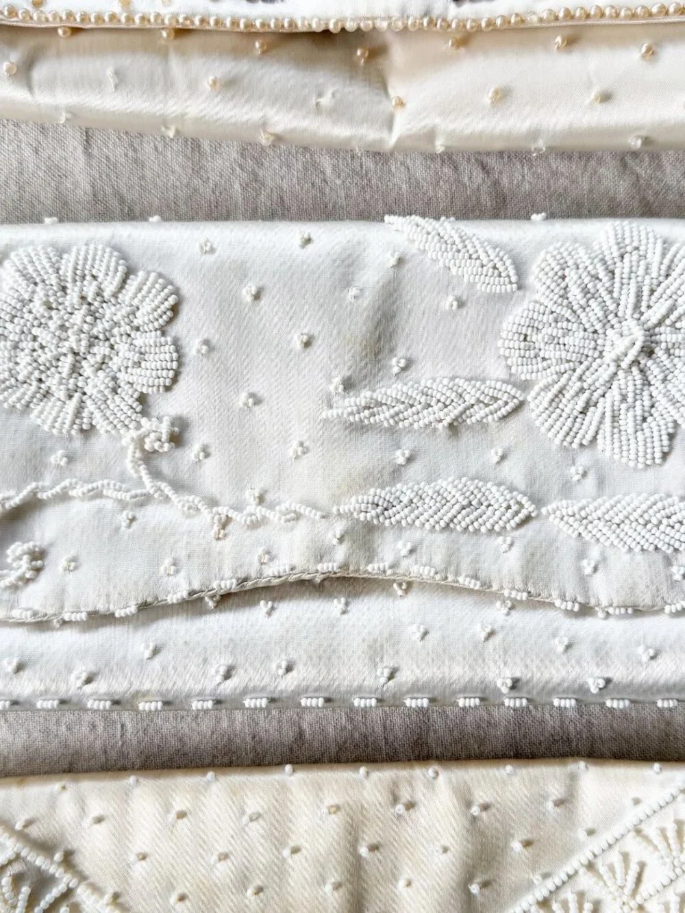 Three 1950's Vintage Ivory Satin and Beaded Pearl Clutch Purses
